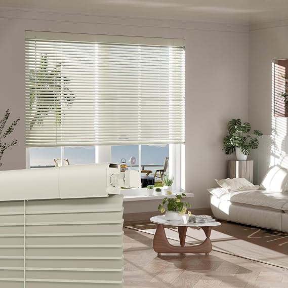 No Tools-No Drill Mini Blinds for Indoor Windows Cordless 1" Slat Blackout Aluminum Horizontal Window Blinds Waterproof for Office,Home,Door, Beige, Custom Size