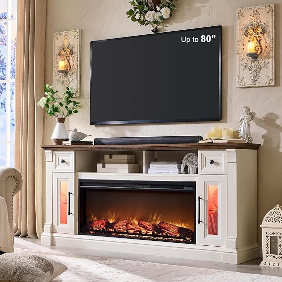 OKD 70" Farmhouse Fireplace TV Stand for TVs Up to 80", Antique White