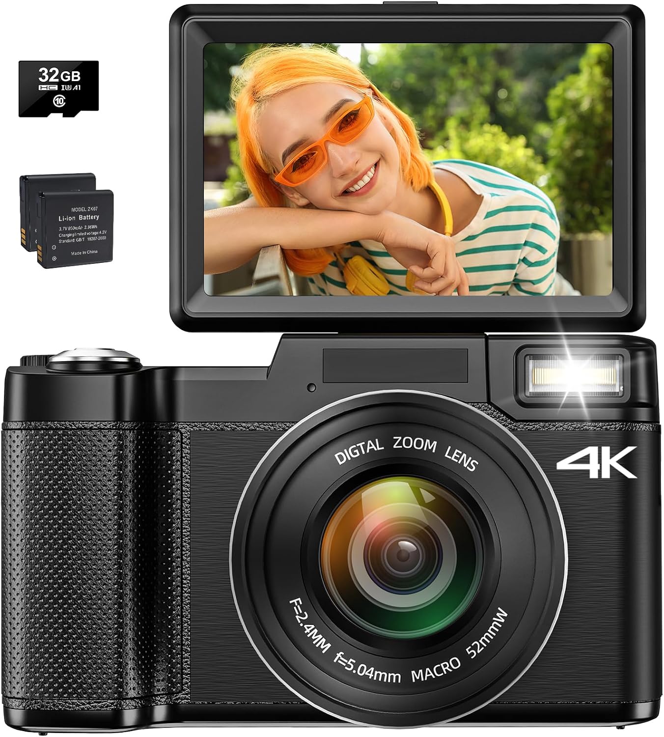 4K Digital Camera Photography Autofocus 48MP Vlog Camera for YouTube with 16x Digital Zoom Macro Camera 3 Inch 180° Flip Screen Compact Video Camera with Lifting Flash, SD Card & 2 Batteries