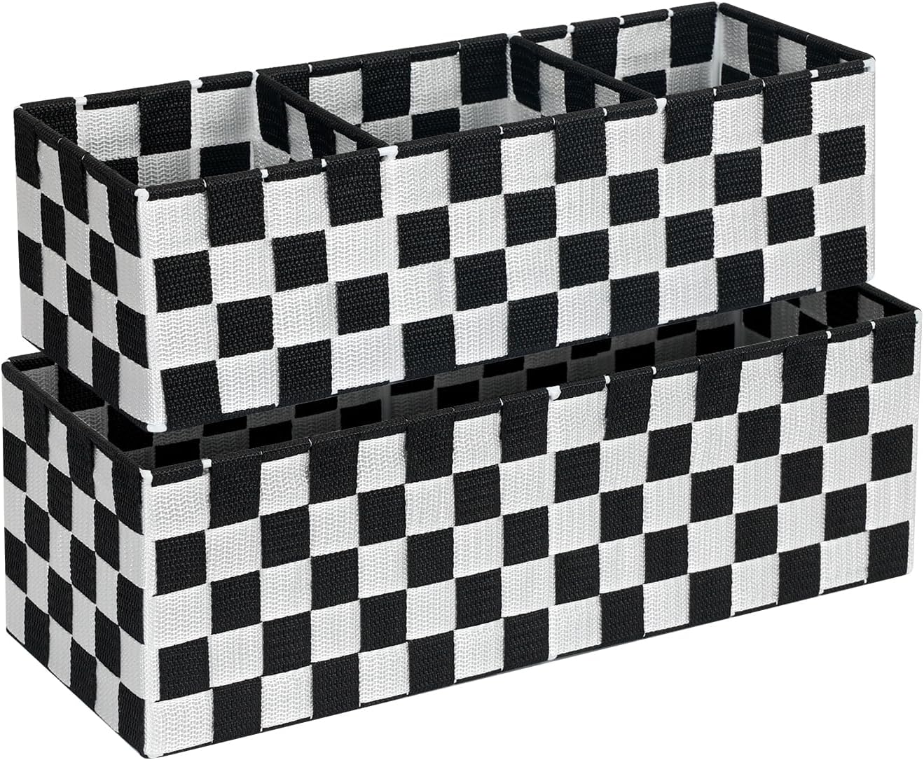 2-Pack Checker Pattern Woven Bins, 16” Ribbon Metal Wire Desk Organizer, Drawer Dresser Baskets, Countertop Toilet Paper Storage Containers Black & White