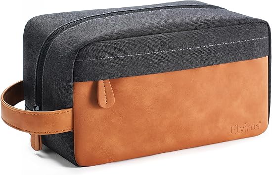 Elviros Travel Toiletry Bag for Men, Hanging Toiletries Bag Water Repellent Dopp Kit PU Leather Travel Bag for Toiletries Accessories, Khaki