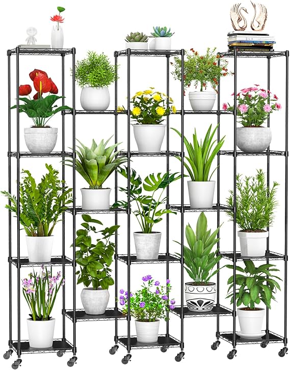 74'' Tall Plant Stand with Wheels, Shelf Height Adjustable Metal Plant Shelf for 18 Potted Plants, DIY Assembly Indoor & Outdoor Plant Display Rack