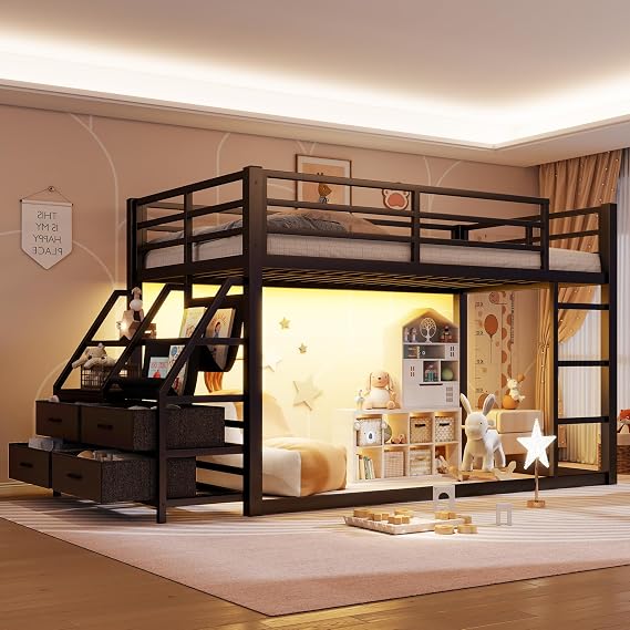Bellemave Twin Over Twin Low Profile Metal Bunk Bed with RGB LED Lights, 4 Fabric Storage Drawers & Open Shelves, Kids Floor Bunk Bed Frame for Kids Teens,Black