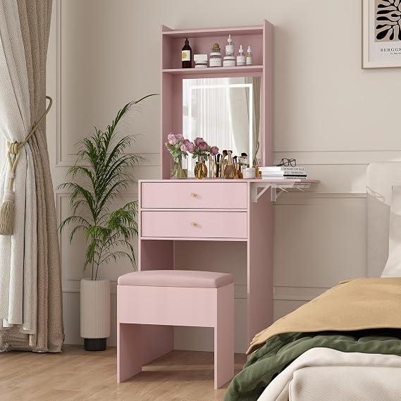 ARTETHYS Pink Small Vanity Desk Set with Adjustable Lighted Mirror