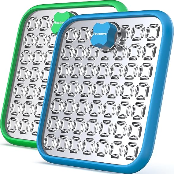 Pawtners Stainless Steel Large Lick Mat for Dogs, 2 Pack, Blue+Green | Slow Feeder for Crate, Anxiety Relief, Boredom Reducer, Chew-Proof, Indestructible Dog Lick Pad with Spatula+Scrubbing Brush