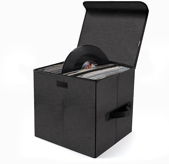UENTIP Vinyl Record Storage Box for 12 Inch LPs, Holds up to 80 Albums, Collapsible Storage Crate with Lid & Handles for Valuable Album Collection (Black, 13 Inch)