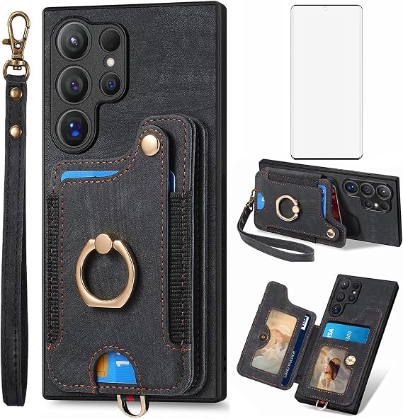Phone Case for Samsung Galaxy S24 Ultra 5G Wallet Cover with Tempered Glass Screen Protector and Wrist Strap Lanyard RFID Credit Card Holder Ring Stand Cell S24Ultra 24S S 24 24Ultra Women Men Black