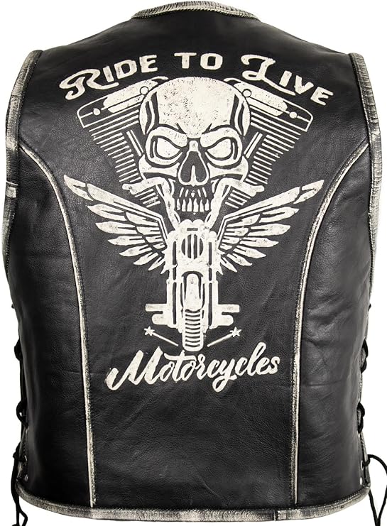 MDM Motorcycle biker leather vest with a skull embossing