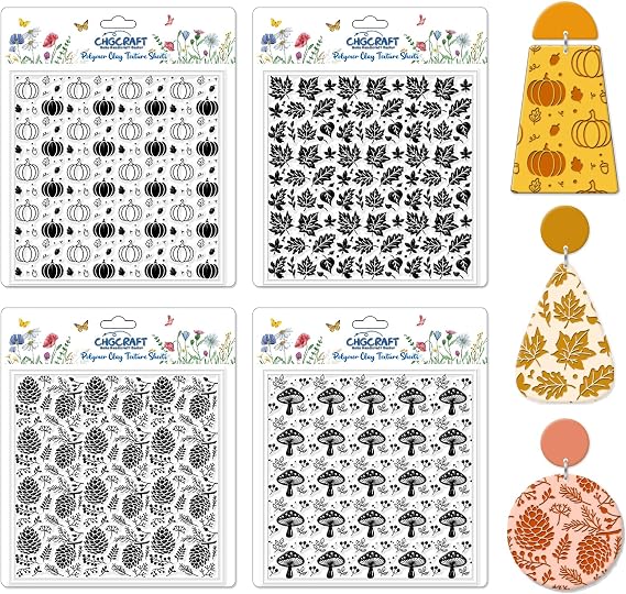 CHGCRAFT 4Pcs Pumpkin Maple Leaf Polymer Clay Texture Sheet Pinecone and Mushroom Autumn Silicone Clay Texture Mat for Polymer Clay Making Earrings Jewelry DIY Crafts 5.5 × 5.5 Inch