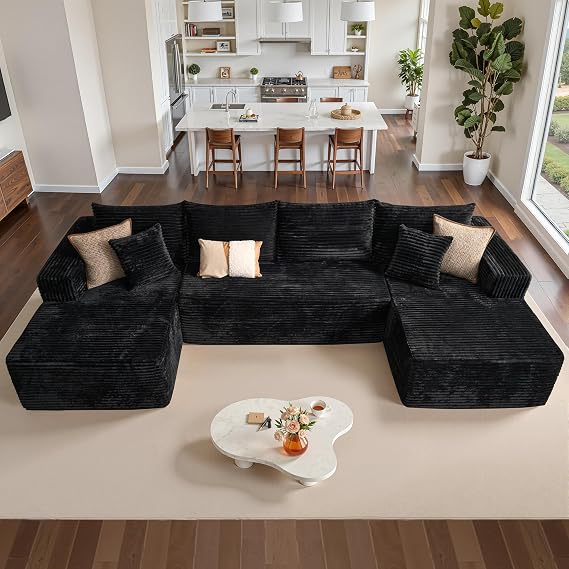 134" Boneless Cloud Couch, Moudular Sectional Sofa with Deep Seat, No Assembly Required, Modern Minimalist Sofas with Chaise, Comfy U Shaped Couches for Living Room, Black