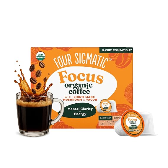 Four Sigmatic Mushroom Coffee K-Cups | Organic Dark Roast Coffee with Lions Mane Mushroom Powder & Yacon | Focus & Immune Support | Vegan & Keto | Sustainable Pods | 24 Count
