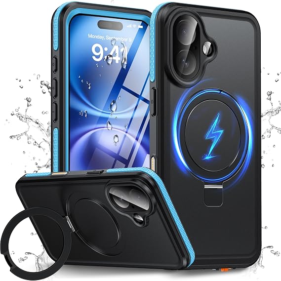 Oterkin Magnetic Stand for iPhone 16 Plus Case Waterproof IP68, Blue