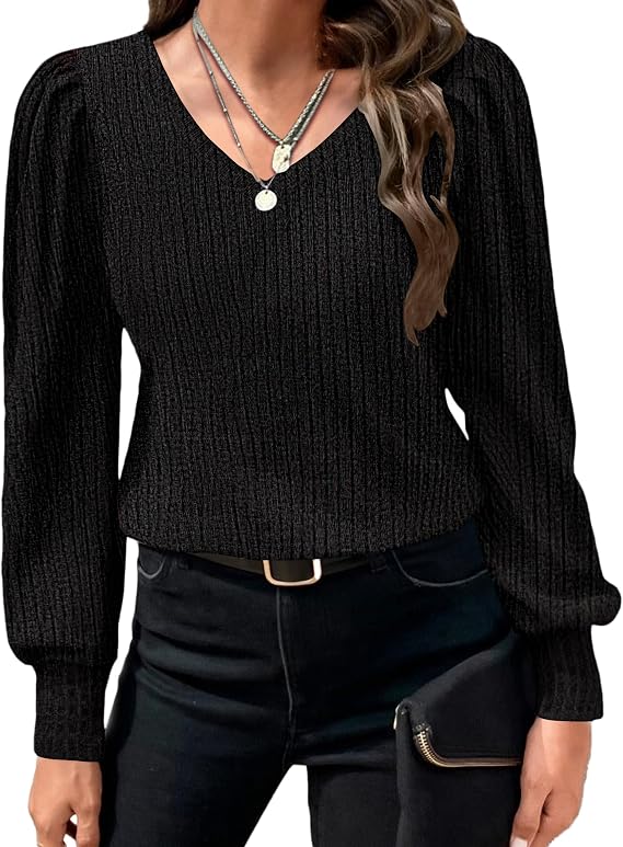 HOTOUCH Women's Knit Shirt Soft Puff Long Sleeve Blouse Tops Lightweight V Neck Tunic XS-XXL