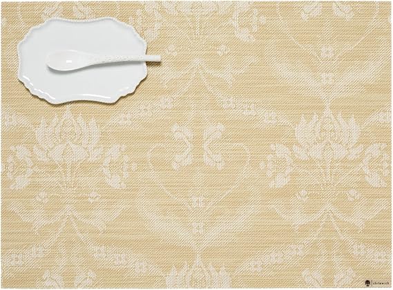 Martha by Martha Stewart Chilewich Damask Placemats Set of 4 | Set of 4, Easy Care Woven Tabletop Textiles, Indoor/Outdoor, Wheat, 19" x 14" Rectangle