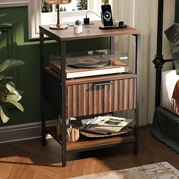 Bonnlo Bedside Table,Charging Station, Grille Nightstand for Small Space