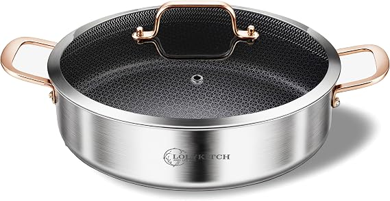LOLYKITCH 6QT Deep Skillet with Lid | 12'' | 4-6 Servings | Golden Handle | Hybrid Nonstick | Tri-Ply Stainless Steel | Large Frying Pan | Saute Pan | Jumbo Cooker | Oven & Induction Ready
