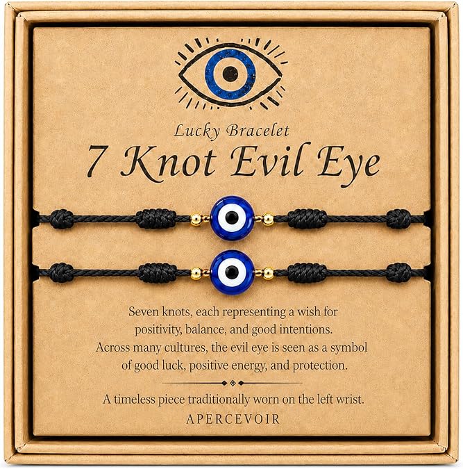 Evil Eye Bracelets for Women Men Adjustable 7 Knot String 2 Pack