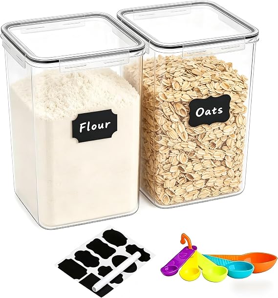 2 Pieces 6.5L / 220 oz Large Food Storage Containers, BPA Free Plastic Airtight Canisters for Flour, Sugar, Baking Supplies, Rice with Lids, Measuring Cups and Labels, Black