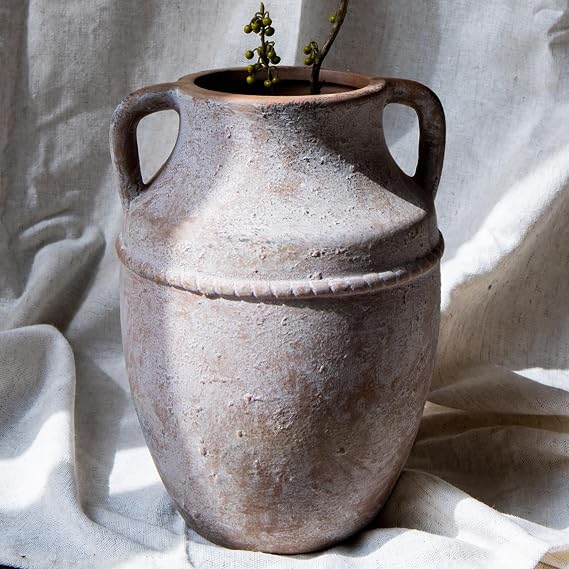 9" Vintage Ceramic Vase with Handles, Rustic Farmhouse Home Decor