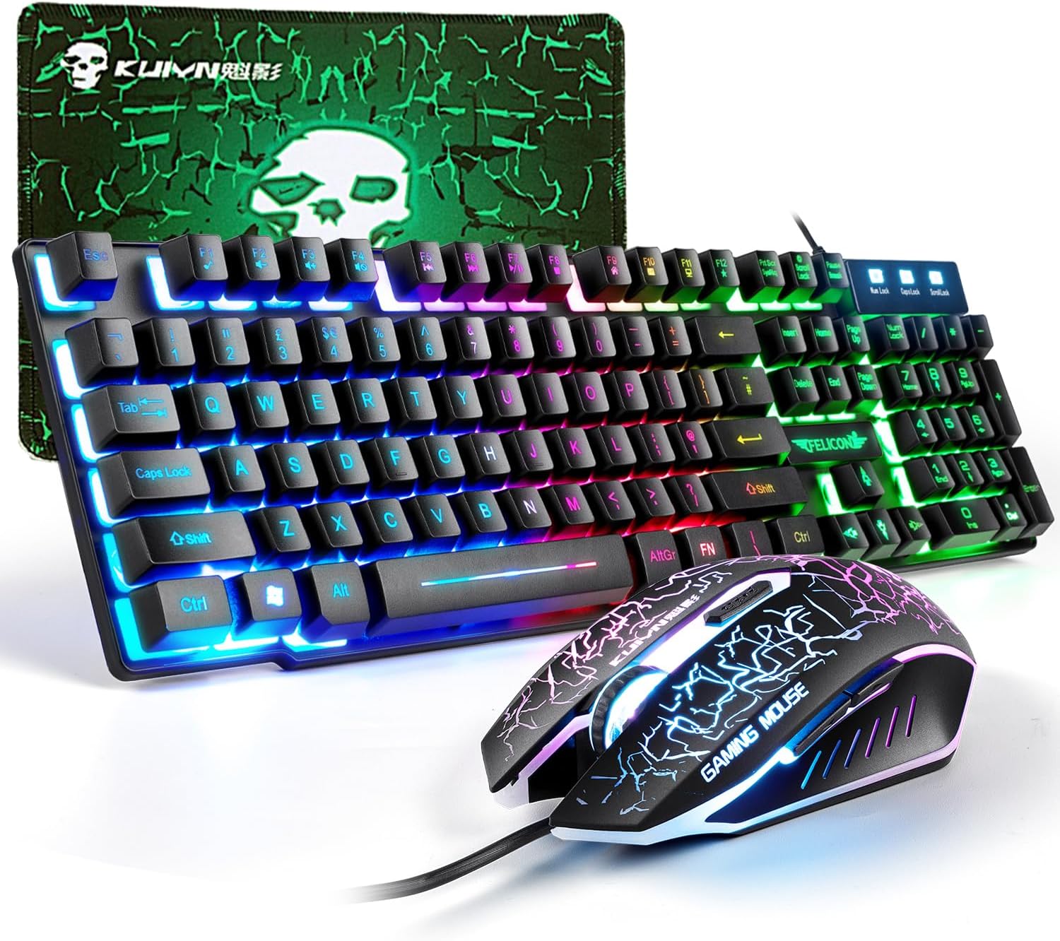 Gaming Keyboard and Mouse Set, 104 Keys UK Layout QWERTY Rainbow Backlit Keyboard, 2400 DPI 4 Buttons Colorful Mice, Comfortable MousePad, USB Wired, Compatible with Windows Mac PC PS4, Black
