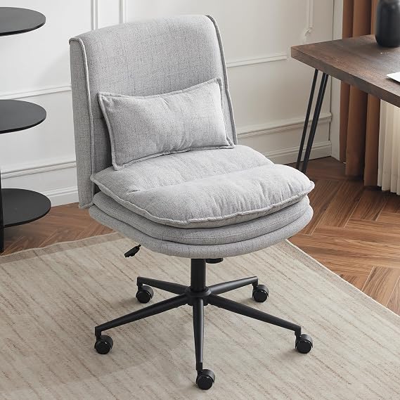Bonnlo Cloud Criss Cross Legged Chair, High Back Armless Home Office Chair with Wheels, Adjustable Comfy Padded Computer Seat, Moden Swivel Makeup Vanity Seat for Home, Linen, Light Grey