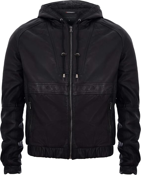 Men's Casual Black Nappa Leather Biker Jacket with Hood