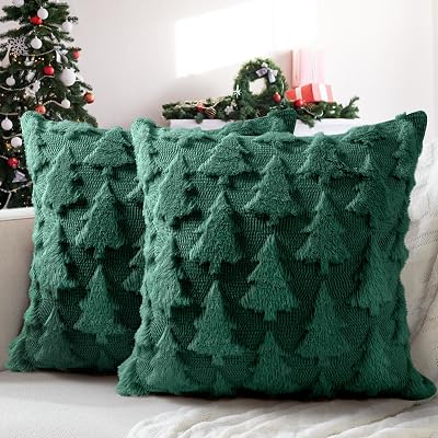Christmas Pillow Covers 18x18 inch, Set of 2 Christmas Tree Decoration Soft Plush Faux Fur Throw Pillows Covers for Winter Holiday Festivals Bedroom Sofa Home Decor Green