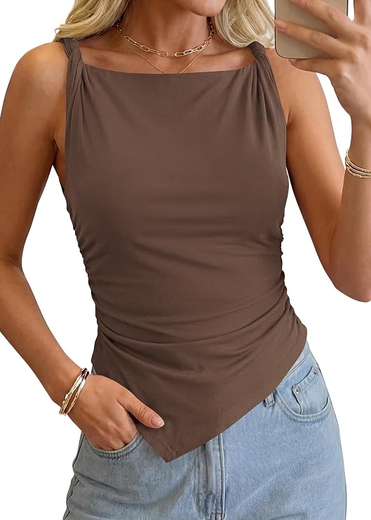 KIRUNDO Womens Sleeveless Asymmetrical Cute Going Out Tops
