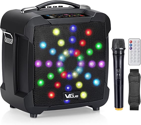 Karaoke Machine with Wireless Microphone, VeGue Loudspeakers,Portable Bluetooth Speaker with Colorful LED Light, REC, Remote Control, FM Radio, Ideal for Home Karaoke, Party (VS-0803BK)