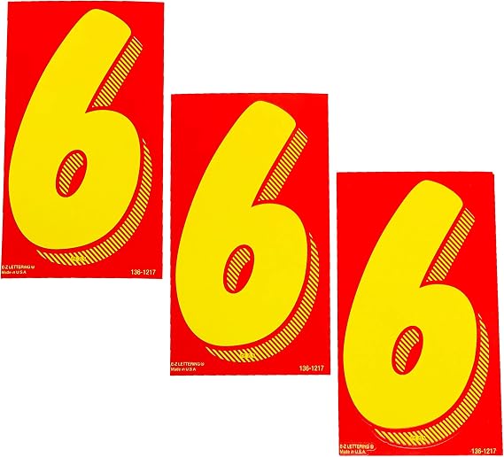 EZ Line Vinyl Decals for Cars Red and Yellow Large Number Stickers Windshield Numbers Dealer Supplies EZ136 (Number 6)