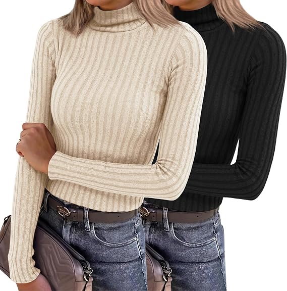 2 Pack Womens Long Sleeve Turtleneck Shirts Basic Fall Thermal Lightweight Pullover Tops Trendy Comfy Undershirts