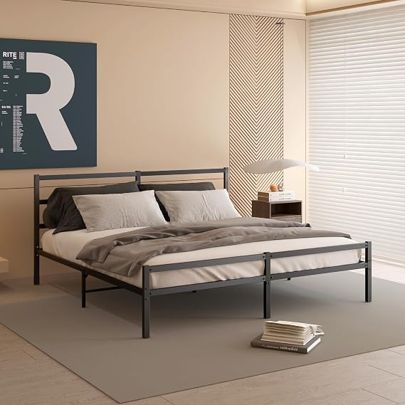 King Size Metal Platform Bed Frame with Headboard, Modern Industrial Metal Platform Bed,Black Mattress Foundation,Sturdy and Noise-Free, Easy Assembly,No Box Spring Needed (Black, King)