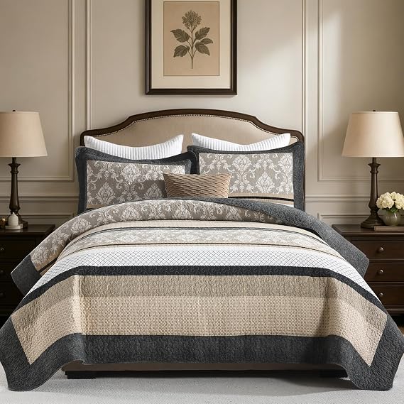 Quilta Quilts Queen Size, Damask Scrollwork Striped Design, Charcoal Gray | 100% Cotton Vintage Reversible Quilt Set, 3 Pieces Lightweight Bedspread Bedding Set with Matching Shams for All Season