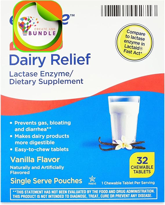Lactase Enzyme Chewable Tablets for Lactose Intolerance Vanilla Flavor 32 Count Digestive Support Supplement + Create Sticker