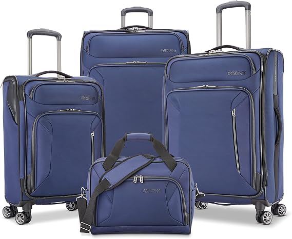 American Tourister Zoom Softside Luggage with Spinner Wheels (Navy, 4PC SET (BB/21/25/28))