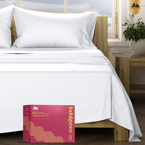 Mayfair Linen 1200 Series Striped Queen Size Sheet Set, Sateen, White
