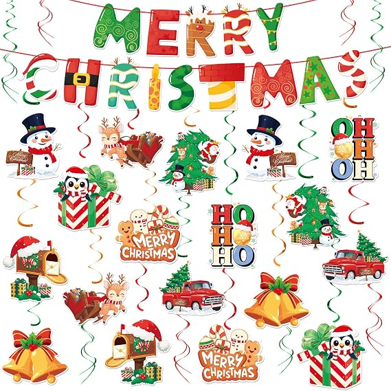 Christmas Decor Set: Banner & Hanging Swirls - for Home, Office, Classroom Indoor Christmas Party Decorations