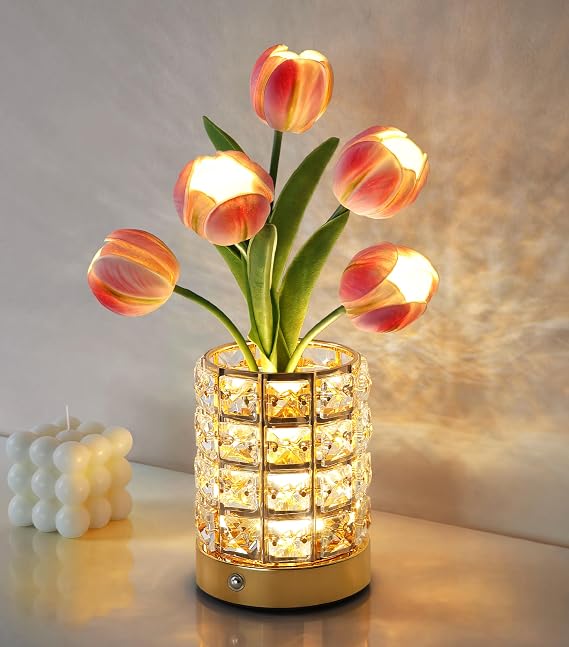 Handmade Flower Lamp,Rechargeable Cordless Touch Table Lamp,3-Colour Infinitely Dimming Small Night Light,Festival Restaurant Bedroom Bar Coffee Shop Birthday Gifts for Women Mom, Tulip Flower