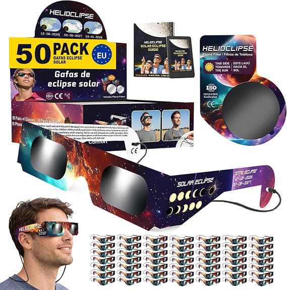 Helioclipse 6/12/50/100 Gafas Eclipse Solar Homologadas ISO 12312-2 2026 - Gafas para Ver Eclipse Solar - Gafas de Eclipse Solar Homologadas