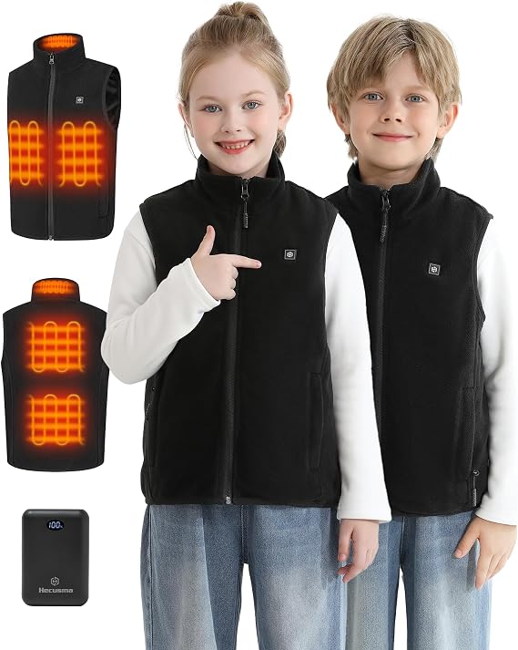 Kids Heated Vest with 7.4V 12000mAh Battery Pack, Youth Heated Vest Kids Fleece with 5 Heating Zones for Boys Girls
