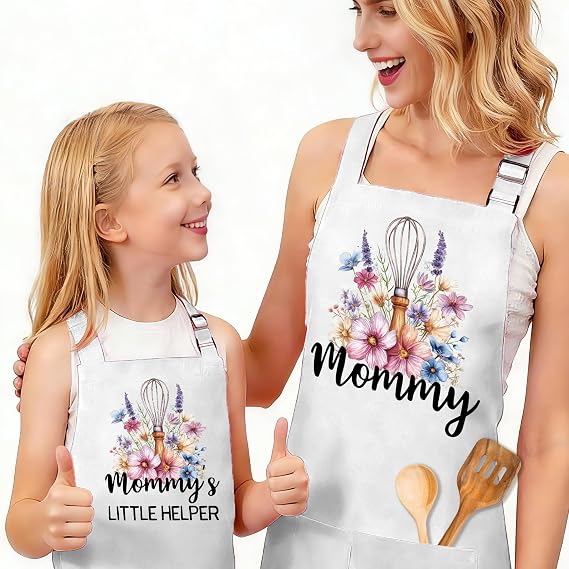 2 Pack Cotton Adjustable Mommy and Child Apron with Pockets Matching Set, Pefect for Cooking, Gardening, Bartending