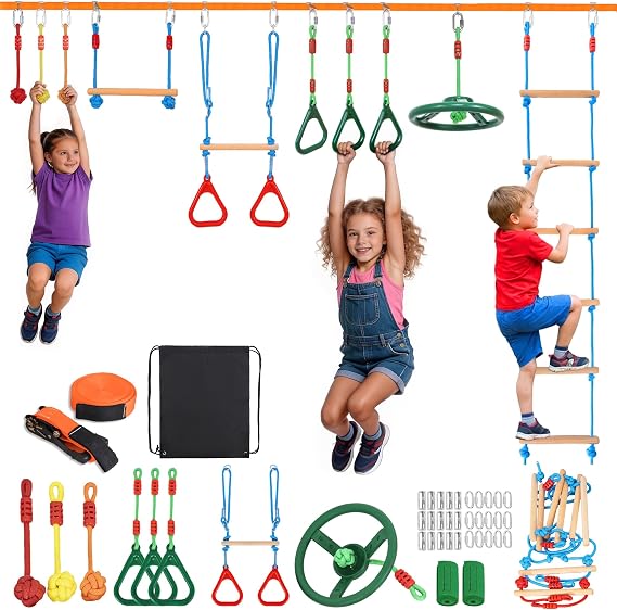 Warrior Obstacle Course - 49ft Slacklines with 10 Durable Obstacles, Monkey Bars, Rope Ladder, Carry Bag & More- Slackline Training Equipment for Garden