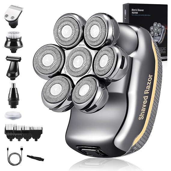 Head Shavers for Bald Men: - Electric Head Shavers for Men Wet&Dry Waterproof Cordless Electric Razor, 6-in-1 Rotary Shaver Grooming Kit with Nose Beard Trimmer Hair Clipper