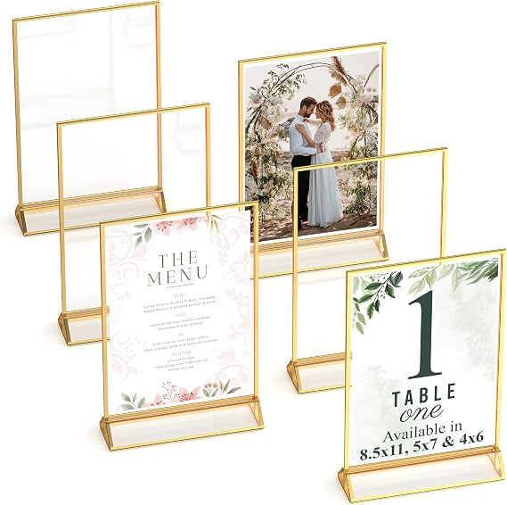 Dasher Products Gold Picture Frames Double-Sided, 6-Pack 4x6 Acrylic Table Number Holders, Clear Easel Stands for Signs, Gold Frames for Wedding Table Numbers, Menu Holders, and Photo Displays for Events and Decor