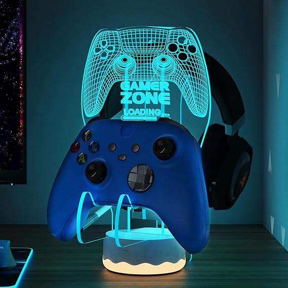 CoolGift Mart Light up Headset and Controller Stand, 16 Colors 3D LED Lights Gamepad Headphone Holder with Remote Control, Game Controller Hanger for All Universal Gaming PC Accessories