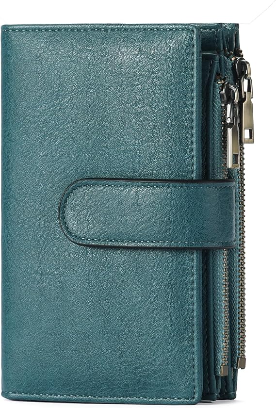 GOIACII Leather Purses for Women, Bifold Compact Womens Wallet with RFID Blocking, Medium Ladies Purse Credit Card Wallet with 16 Card Slots and Zip Coin Pocket
