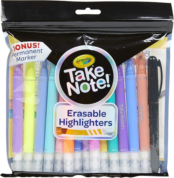 Crayola Take Note 14 Erasable Highlighters & 1 Bonus Permanent Marker, Assorted Colors, Classroom & Office Supplies, Gift