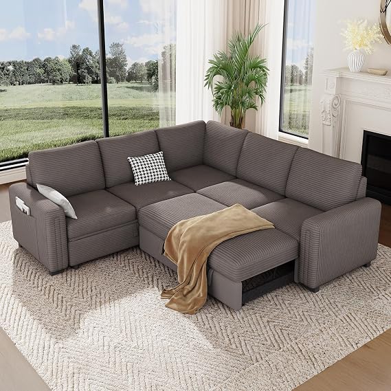 Vesgantti 88.4" Corduroy Sectional Sleeper Sofa with Pull Out Bed, Brown
