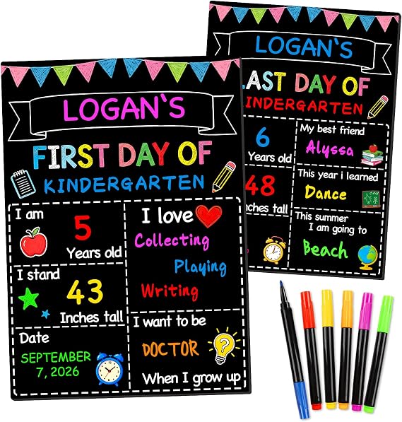 First Day of School Sign 14"x10" with Chalk Markers Double-Sided First and Last Day of School Board Reusable Wooden Colorful Chalkboard for Grades 1-12 Kindergarten Pre K Photography