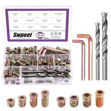 Swpeet 135Pcs 1/4" + 5/16" Carbon Steel Color Zinc Plated Wood Inserts and 9mm 11mm Twist Drill with 2Pcs M6 M8 Wrench Kit, Bolt Furniture